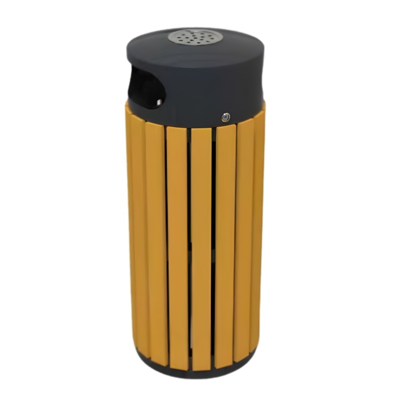 Vue générale de la poubelle extérieure ronde aspect bois avec cendrier intégré